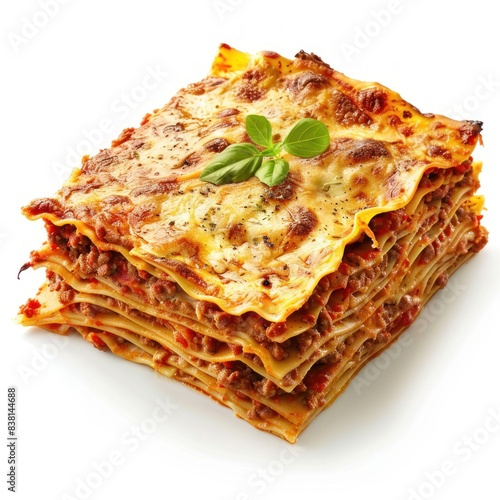 Homemade lasagna isolated on white background. High-resolution Italian cuisine photography