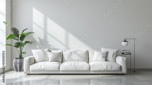 3D rendering of a minimalist living room interior with a white wall and a sofa.