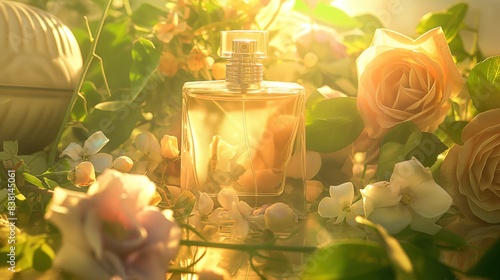 A bottle of perfume surrounded by jasmine and rose