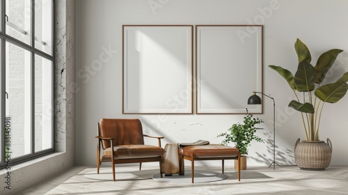 3D rendering of poster frame on wall of living room with leather armchair
