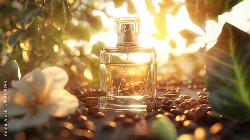 A bottle of perfume surrounded by black coffee and vanilla A bottle of perfume surrounded by black coffee and vanilla