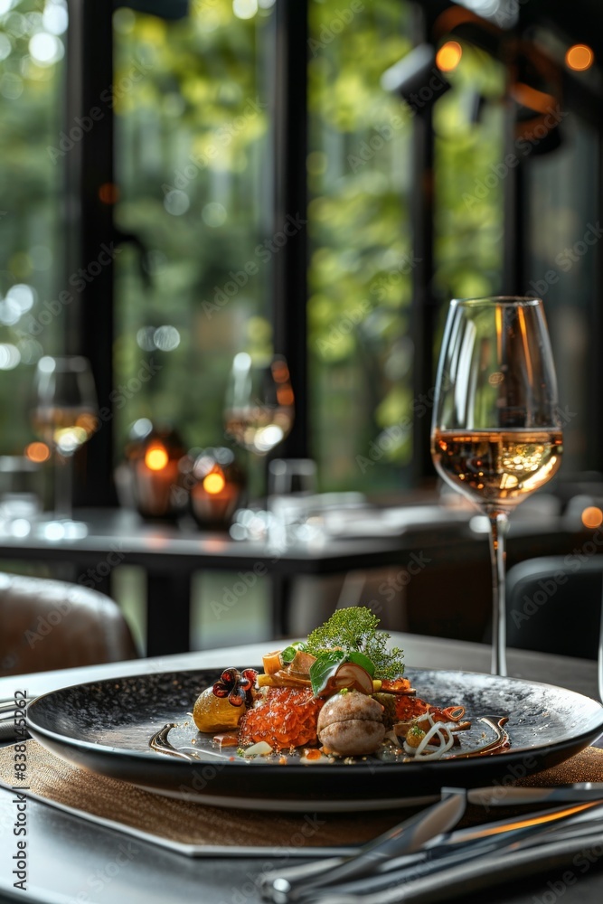 A gourmet meal served on an elegant table in a fine dining restaurant with a glass of wine, candles, and a lush garden view. A gourmet meal served on an elegant table in a fine dining restaurant with a glass of wine, candles, and a lush garden view.
