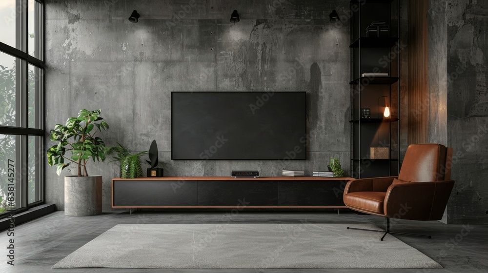 An interior living room with a tv cabinet and leather armchair is located in a cement room with a concrete wall. An interior living room with a tv cabinet and leather armchair is located in a cement room with a concrete wall.