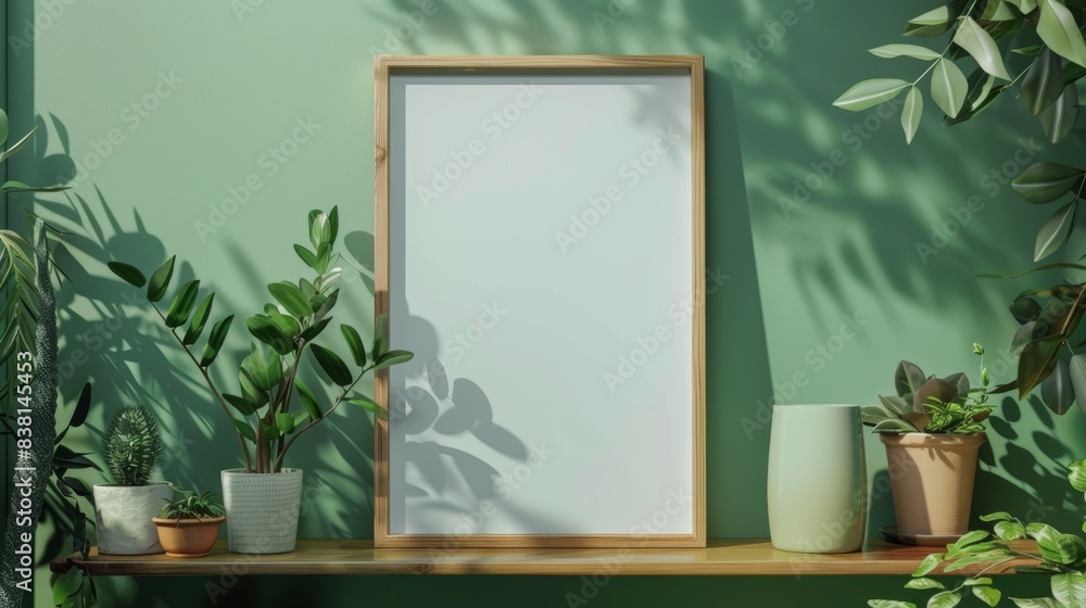 Poster frame mockup surrounded by beautiful plants on a green shelf. Poster frame mockup surrounded by beautiful plants on a green shelf.