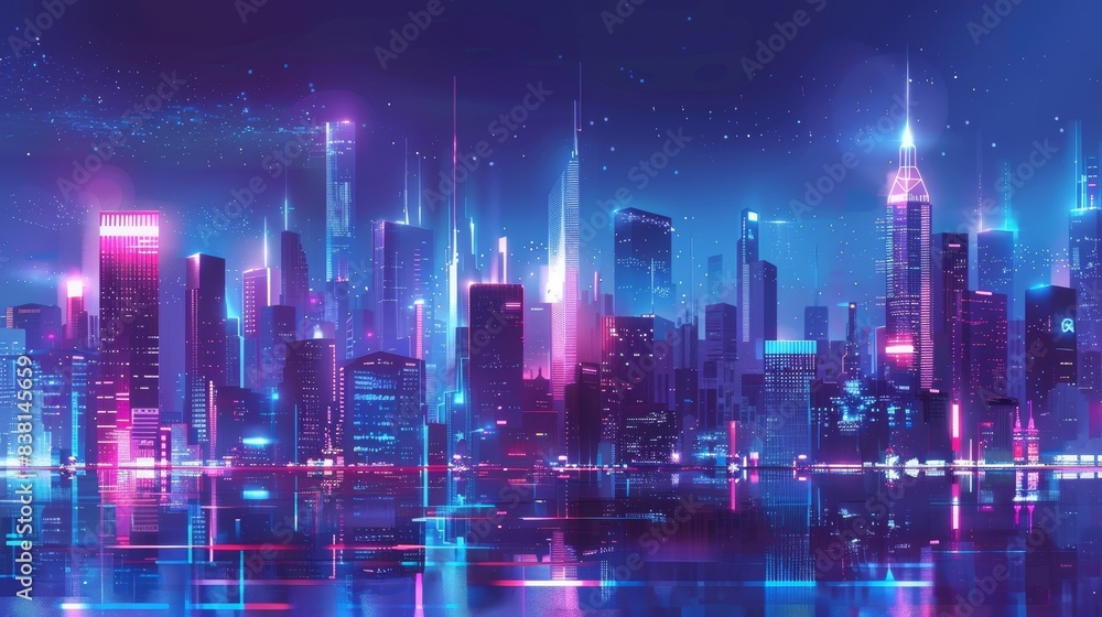 Sci - fi City Skyline with Blue and Pink Neon lights. Sci - fi City Skyline with Blue and Pink Neon lights.