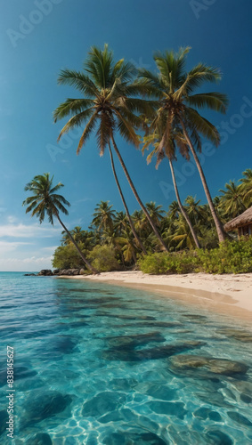 Tropical beach with palm trees and turquoise water under a clear sky.