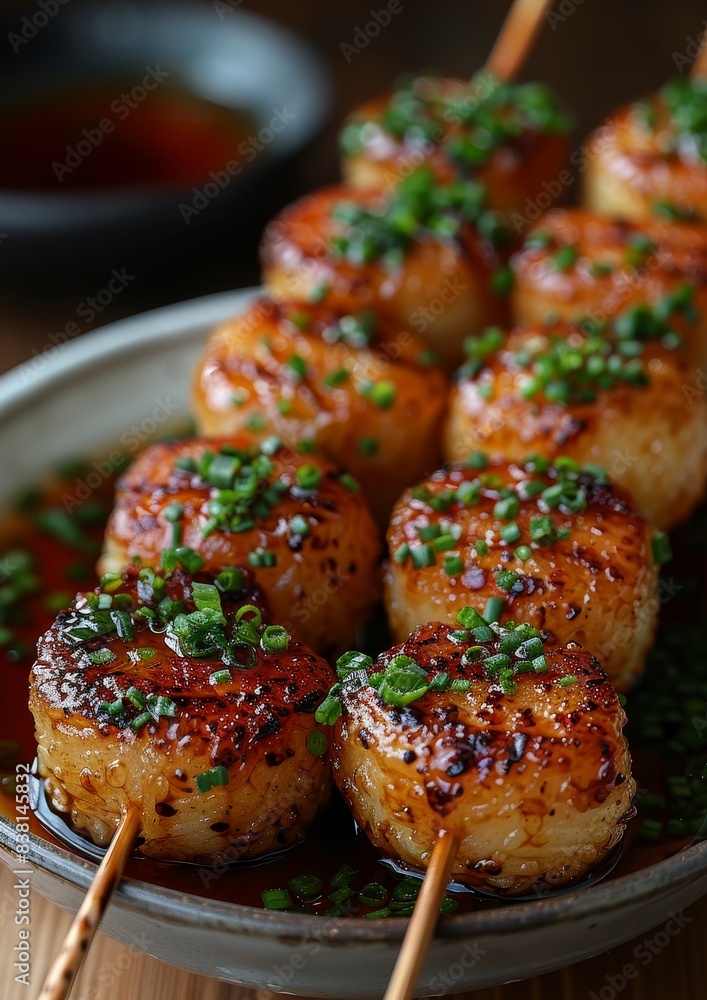 Mitarashi Dango - Skewered rice dumplings glazed with a sweet soy sauce. Mitarashi Dango - Skewered rice dumplings glazed with a sweet soy sauce.
