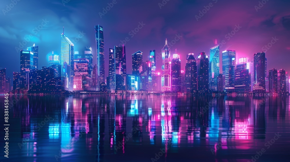 Sci - fi City Skyline with Blue and Pink Neon lights. Sci - fi City Skyline with Blue and Pink Neon lights.