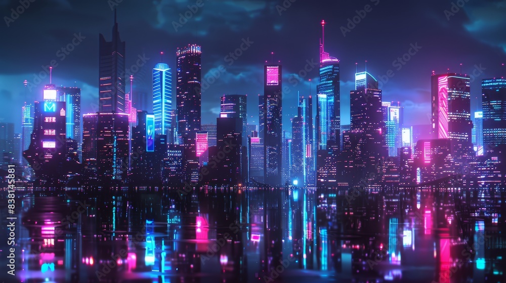 Sci - fi City Skyline with Blue and Pink Neon lights. Sci - fi City Skyline with Blue and Pink Neon lights.