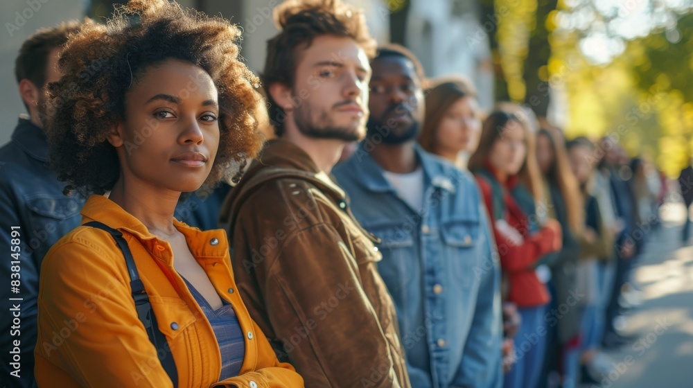 Obraz premium People of different races waiting in line for their turn to come up to the table of a poll worker. US elections concept.