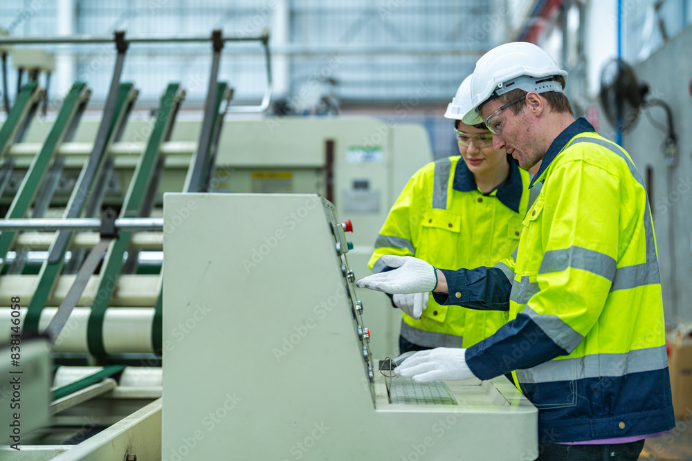 Male and female engineers in neat work clothes prepare and control the production system of large modern machines in a factory producing industrial technology products. Male and female engineers in neat work clothes prepare and control the production system of large modern machines in a factory producing industrial technology products.