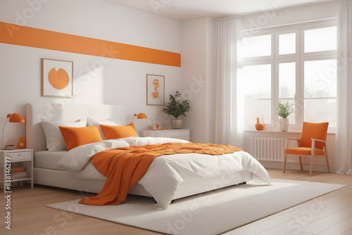 Bright and Airy Bedroom  Orange Accents   White Walls 