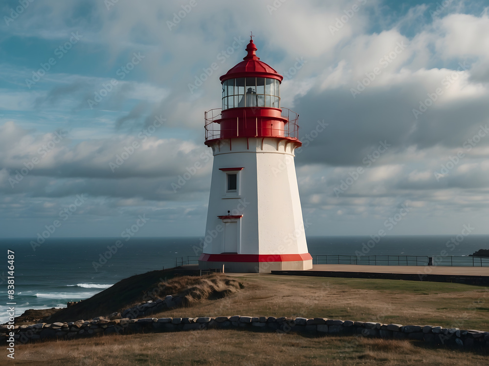 Lighthouse Overlooking Ocean Cliff Coastal Waves Scenic Maritime Horizon Red Beacon Structure Picturesque Rocky Seaside Summer Exploration Lighthouse Overlooking Ocean Cliff Coastal Waves Scenic Maritime Horizon Red Beacon Structure Picturesque Rocky Seaside Summer Exploration