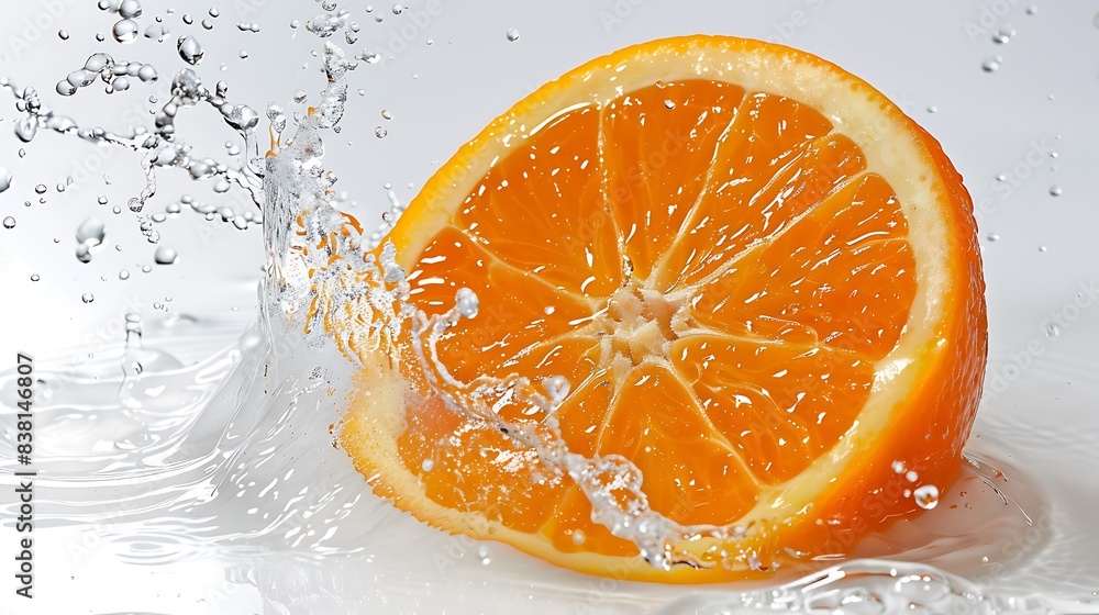 A juicy orange being splashed with water on a clean white background A juicy orange being splashed with water on a clean white background