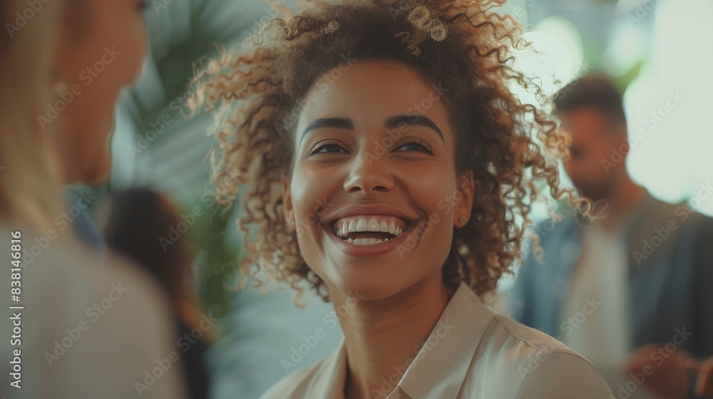 Multiracial team having fun at work after business training or corporate meeting, standing in office presentation room, sharing impressions. Multiracial team having fun at work after business training or corporate meeting, standing in office presentation room, sharing impressions.