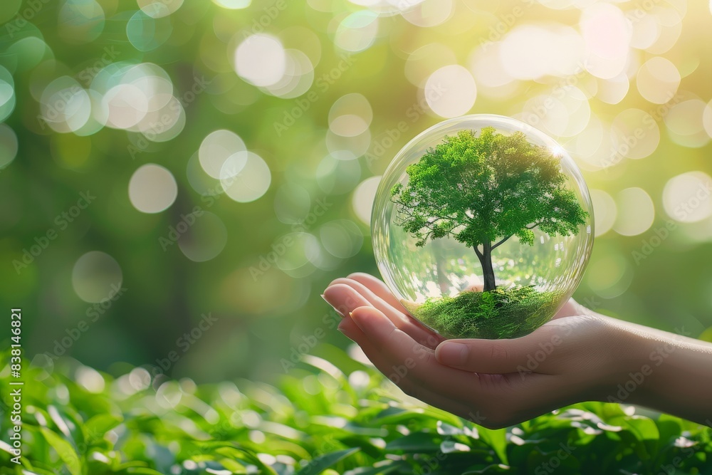 Hand Holding Transparent Globe with Tree Inside, Symbolizing Environmental Conservation, Nature Preservation, and Sustainable Ecosystem in Sunlit Green Forestenvironment Hand Holding Transparent Globe with Tree Inside, Symbolizing Environmental Conservation, Nature Preservation, and Sustainable Ecosystem in Sunlit Green Forestenvironment