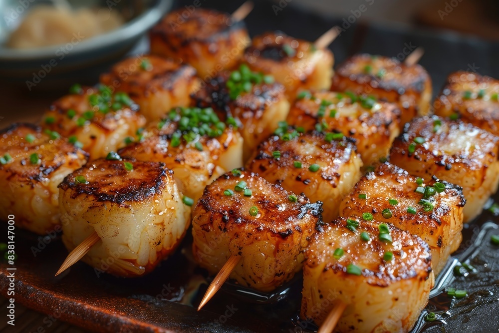 Mitarashi Dango - Skewered rice dumplings glazed with a sweet soy sauce. Mitarashi Dango - Skewered rice dumplings glazed with a sweet soy sauce.
