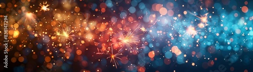 Abstract background with warm and cool colors, sparkling lights.