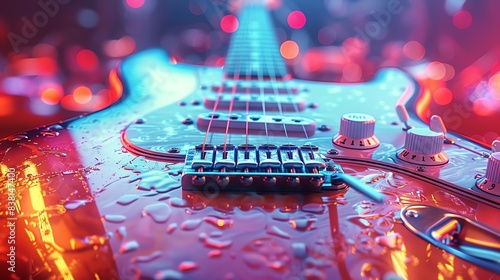 Close-up of a wet electric guitar with colorful lights in the background.