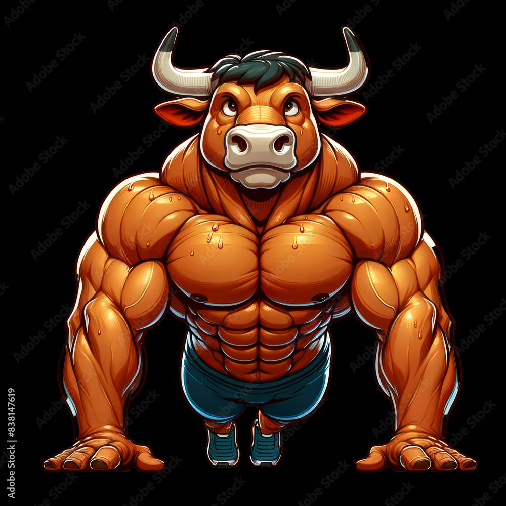 Bodybuilder mascot in the shape of a bull doing a plank. Athletic body ...