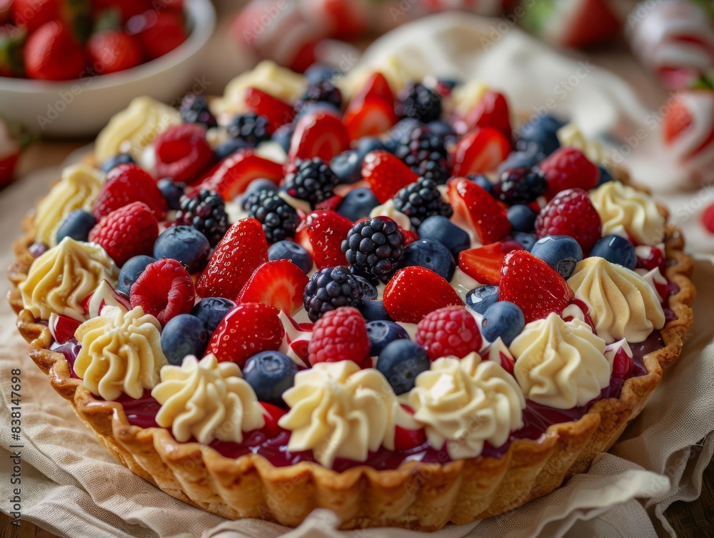 A delicious berry tart with whipped cream and a flaky crust. Perfect for a summer dessert. A delicious berry tart with whipped cream and a flaky crust. Perfect for a summer dessert.