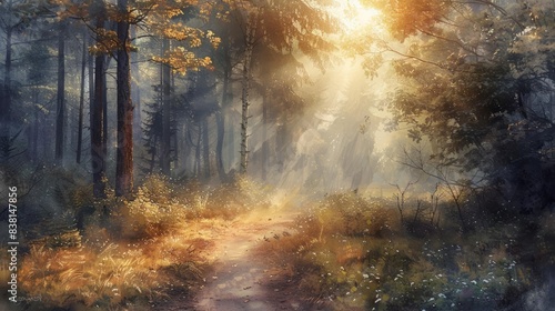 A sunlit path through a misty forest, with golden leaves and dappled light.