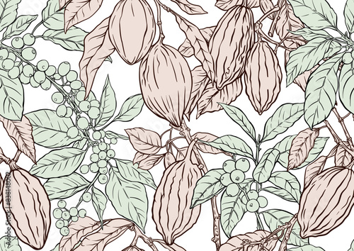 Coffee tree. Branch with leaves and berries. Cocoa tree branch with cocoa beans, chocolate beans, Seamless pattern, background. Vector illustration. In botanical style