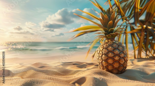Summer vacation concept. Pineapple on the beach. 3D rendering