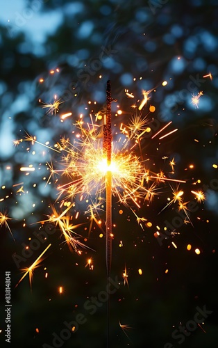 A single sparkler burns brightly against a dark background  casting a shower of sparks.