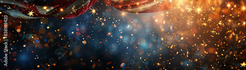 Festive bokeh background with colorful lights and sparkling glitter with American flag, perfect for holiday celebrations and special occasion designs. photo