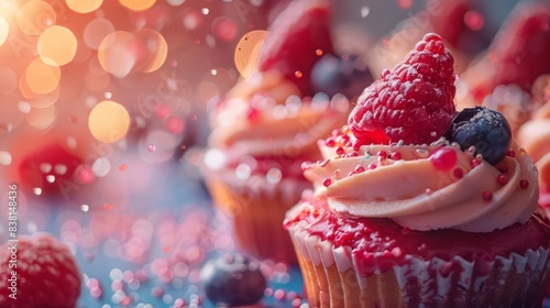 Close-up of a strawberry and blueberry cupcake with pink frosting and sprinkles. Bokeh lights in the background. photo