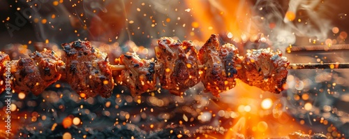 Close-up of meat grilling over an open flame.