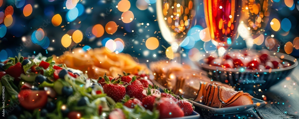 Festive food spread with colorful appetizers and bokeh lights.