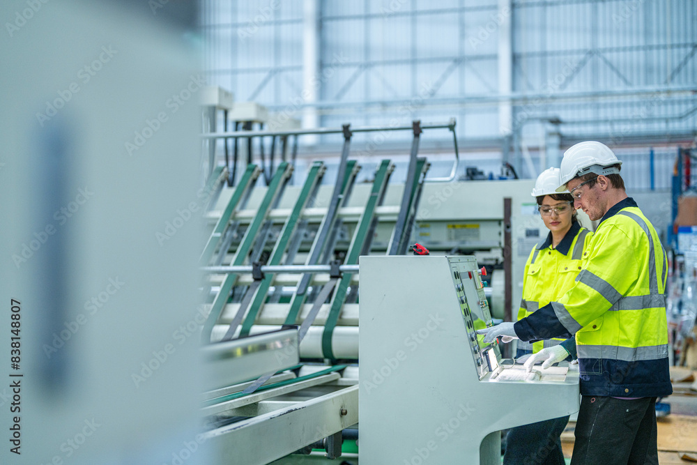 Male and female engineers in neat work clothes prepare and control the production system of large modern machines in a factory producing industrial technology products. Male and female engineers in neat work clothes prepare and control the production system of large modern machines in a factory producing industrial technology products.