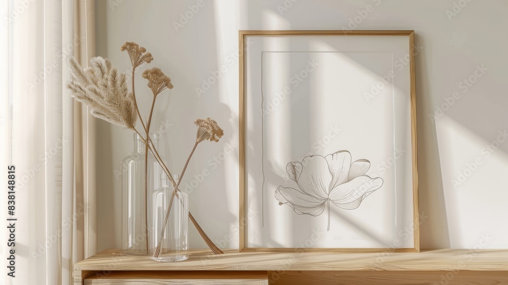 A framed picture of flowers, beige home decor, and attractive line art A framed picture of flowers, beige home decor, and attractive line art
