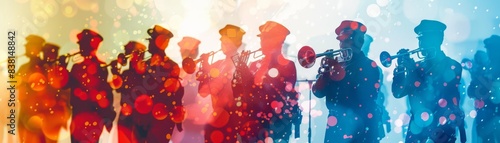 Silhouettes of musicians in a colorful, blurred background.