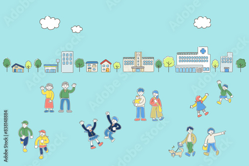 多世代の地域の人々と街並みのゆるいイラスト（セット）