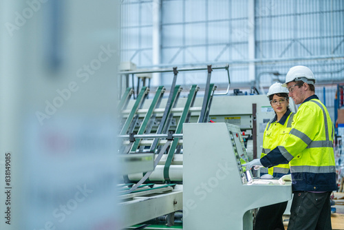 Male and female engineers in neat work clothes prepare and control the production system of large modern machines in a factory producing industrial technology products.