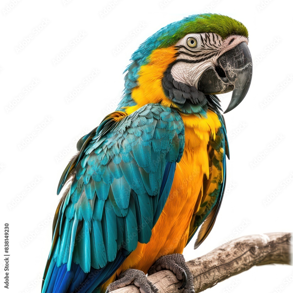 Obraz premium Exotic macaw parrot isolated on a white background. High-quality bird photo