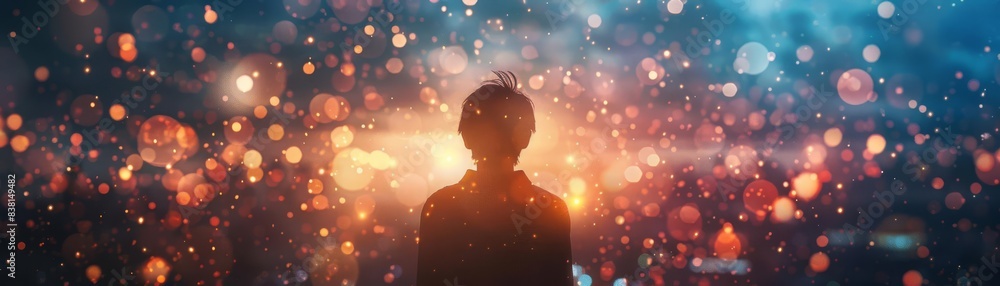 Naklejka premium Silhouette of a person standing amidst a vibrant, colorful bokeh background.