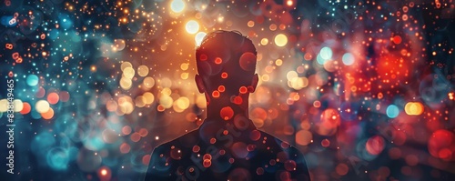 Silhouette of a person in a vibrant, colorful, bokeh background.