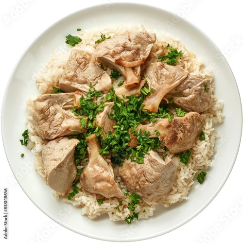 Authentic Mansaf dish isolated on white background. High-resolution Jordanian cuisine image photo