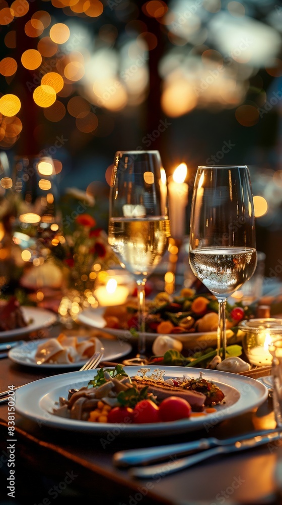 Elegant outdoor dinner setting with gourmet dishes and wine glasses, adorned with candlelight and vibrant bokeh in the background. Elegant outdoor dinner setting with gourmet dishes and wine glasses, adorned with candlelight and vibrant bokeh in the background.