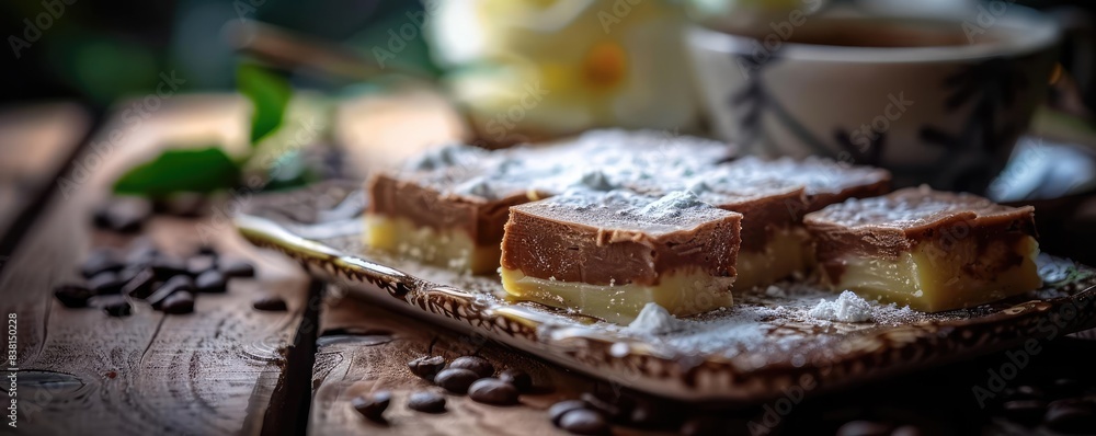 Delicious chocolate brownies sprinkled with powdered sugar on a rustic plate with a cup of coffee in the background. Delicious chocolate brownies sprinkled with powdered sugar on a rustic plate with a cup of coffee in the background.
