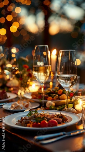 Elegant outdoor dinner setting with gourmet dishes and wine glasses, adorned with candlelight and vibrant bokeh in the background.