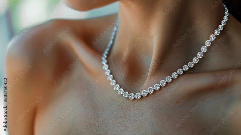 Diamond necklace on the neck of a woman at a jewelry store Diamond necklace on the neck of a woman at a jewelry store