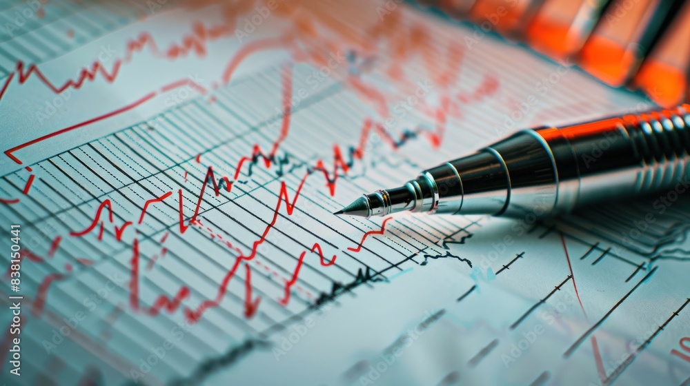 Close-up of the seismic needle with red lines on graph paper showing seismic and seismic activity in 3D. Close-up of the seismic needle with red lines on graph paper showing seismic and seismic activity in 3D.