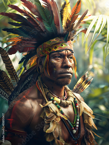 Majestic Caboclo in Traditional Umbanda Entity Amidst Lush Jungle