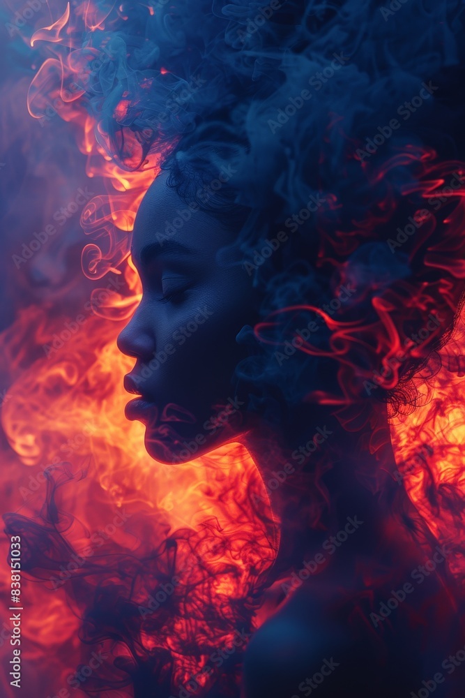 Silhouette of a Woman Surrounded by Fiery Red and Blue Smoke, Mystical and Fantasy Themed Profile Portrait with Dramatic Lighting and Swirling Whimsical VaporsSilhouette Silhouette of a Woman Surrounded by Fiery Red and Blue Smoke, Mystical and Fantasy Themed Profile Portrait with Dramatic Lighting and Swirling Whimsical VaporsSilhouette