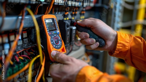 Obraz w ramie Hand holding multimeter checking electrical components in panel box